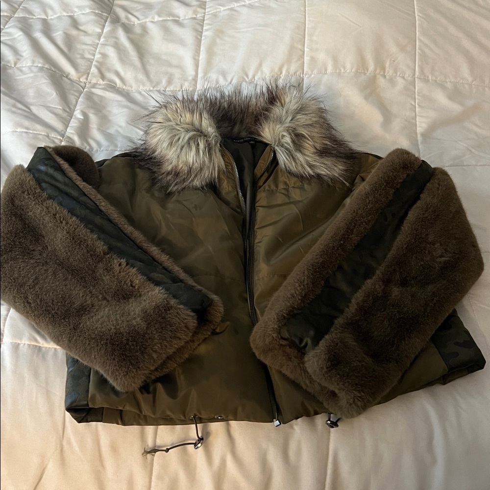 Adrienne Landau Olive Jacket with Faux Fur Trim